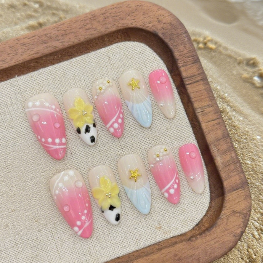 10Pcs Island resort 3D carved ice transparent handmade flower | Full Cover Fake Nails | Daily Wear