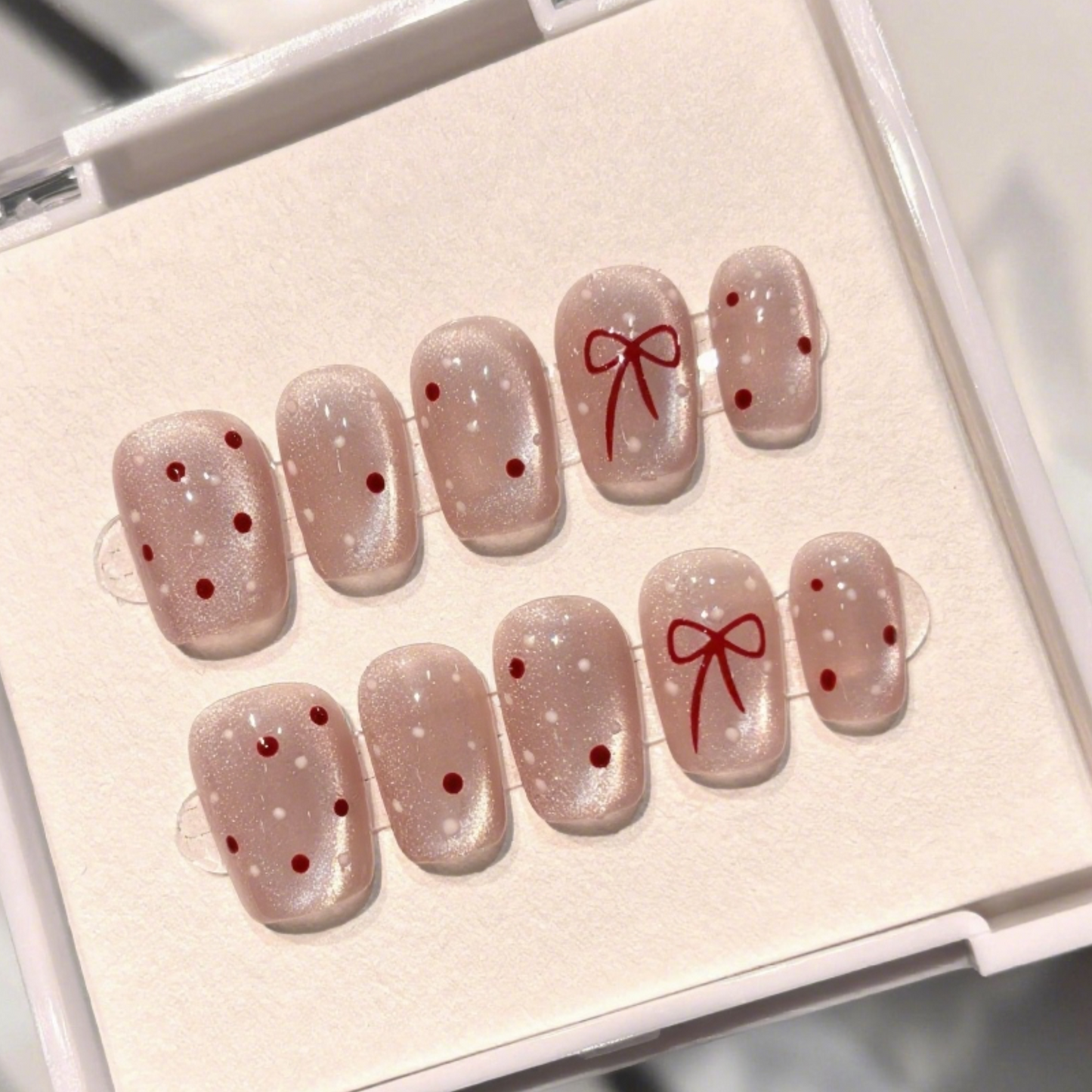 10Pcs The sweet polka - dot bow nail art style| Full Cover Fake Nails | Daily Wear