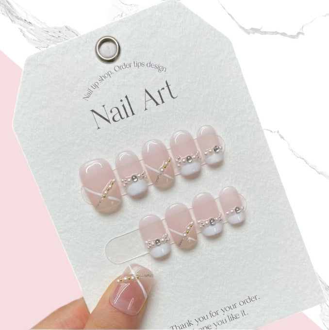 10Pcs Gentle pink French | Full Cover Fake Nails | Daily Wear
