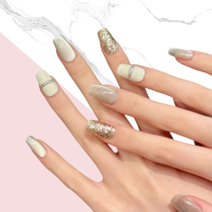 10Pcs Paris milky white champagne gold sequin cat's eye | Full Cover Fake Nails | Daily Wear