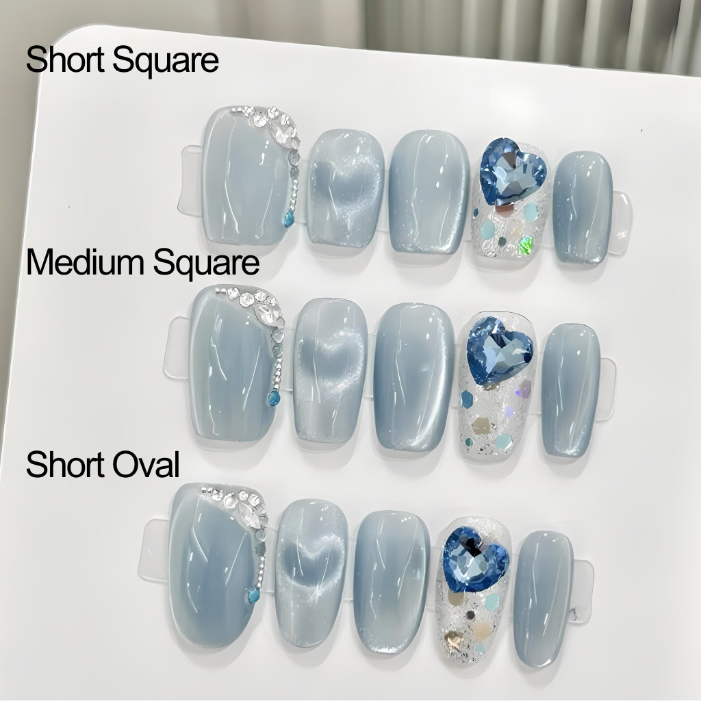 10Pcs Glacier Love Cat's Eye | Full Cover Fake Nails | Daily Wear