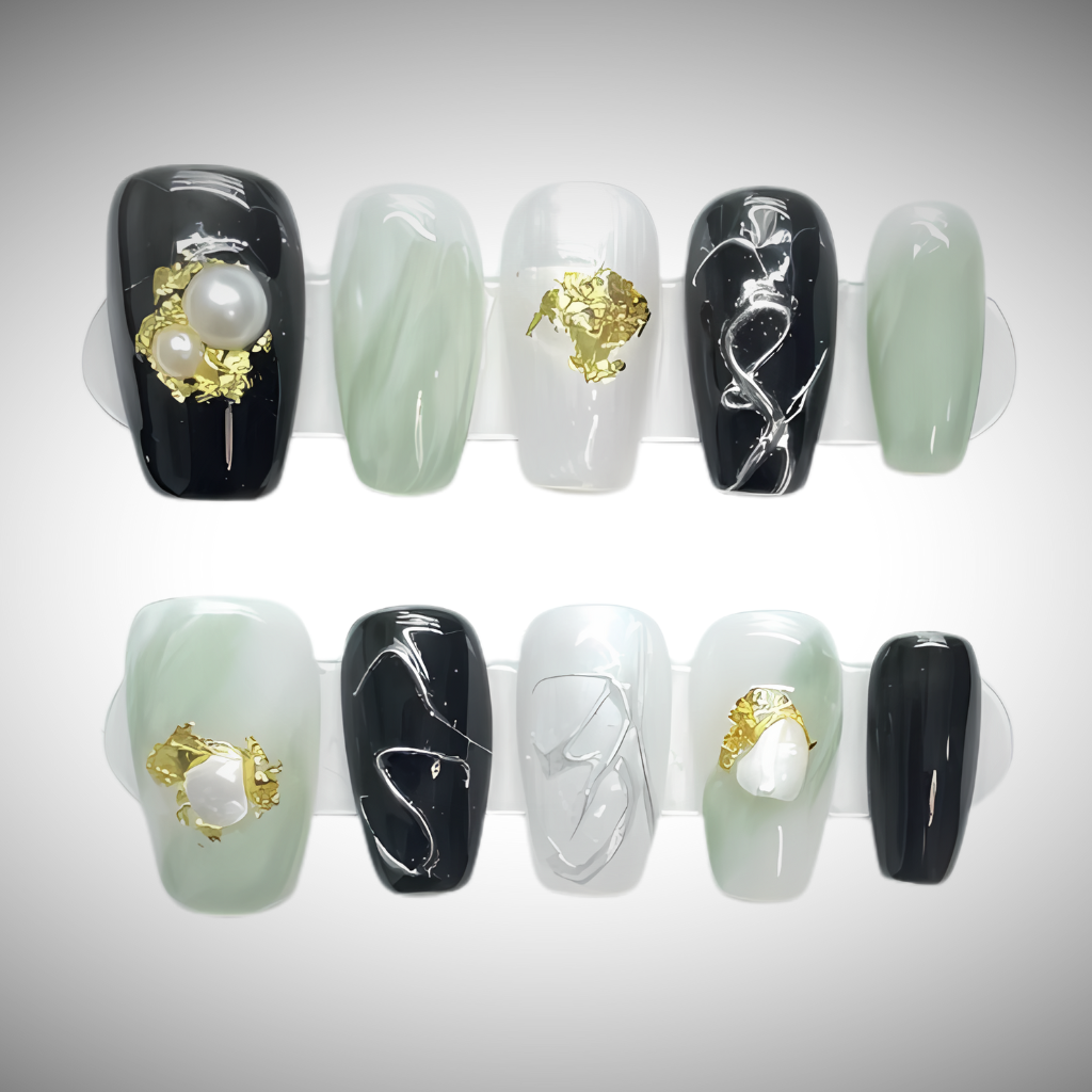 10Pcs Emerald Green Smudge Shell Ballet | Full Cover Fake Nails | Daily Wear