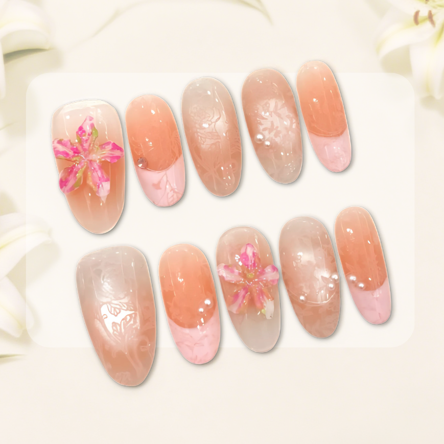 10Pcs Ice Sculpture Lily French Peach Pink | Full Cover Fake Nails | Daily Wear