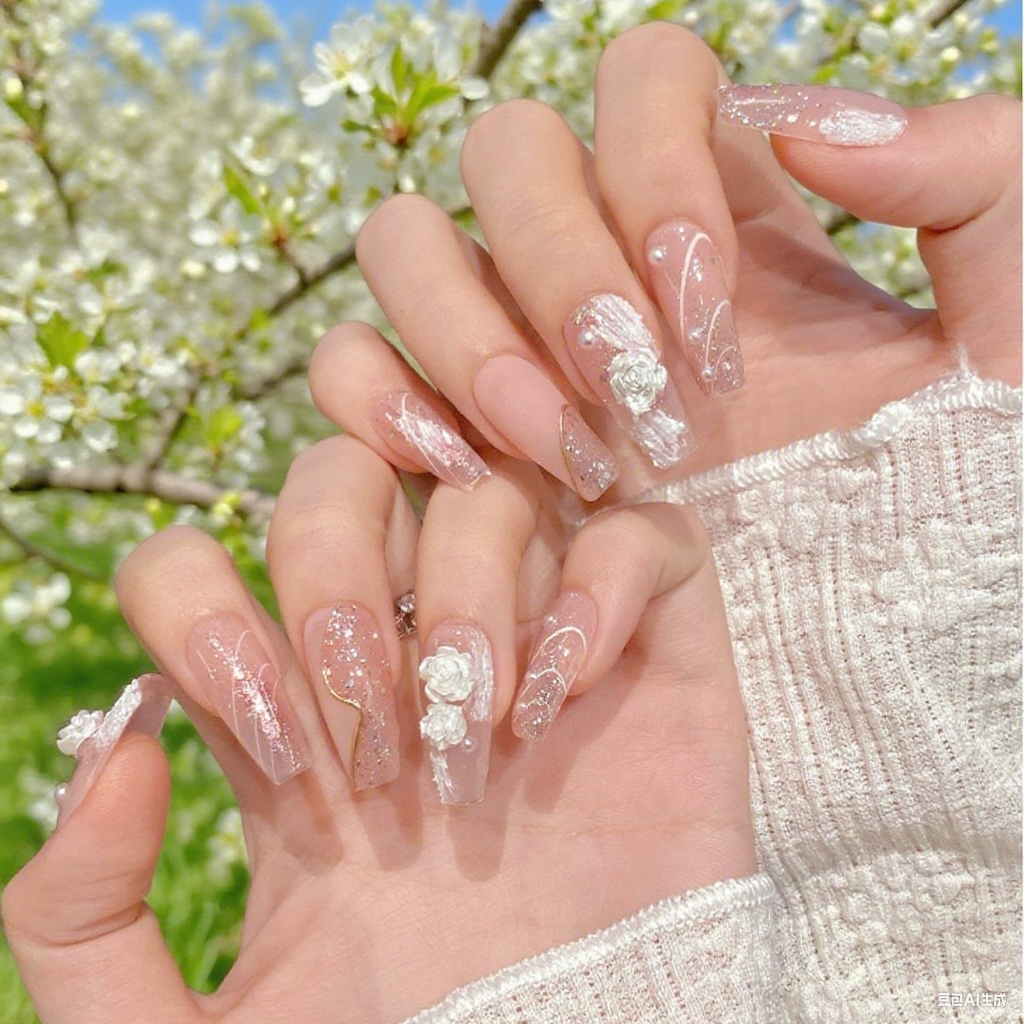 10Pcs Pink Gentle Aurora Camellia | Full Cover Fake Nails|Daily Wear