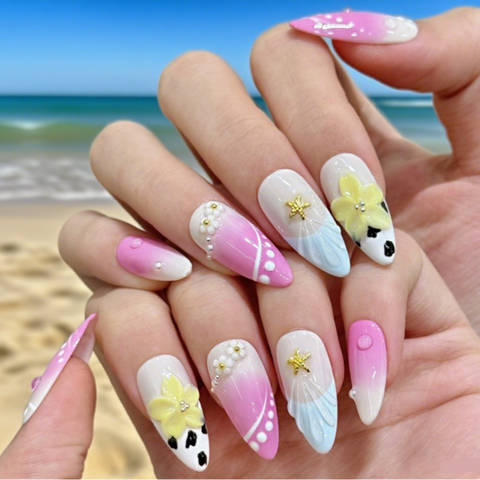 10Pcs Island resort 3D carved ice transparent handmade flower ｜ Full Cover Fake Nails ｜ Daily Wear
