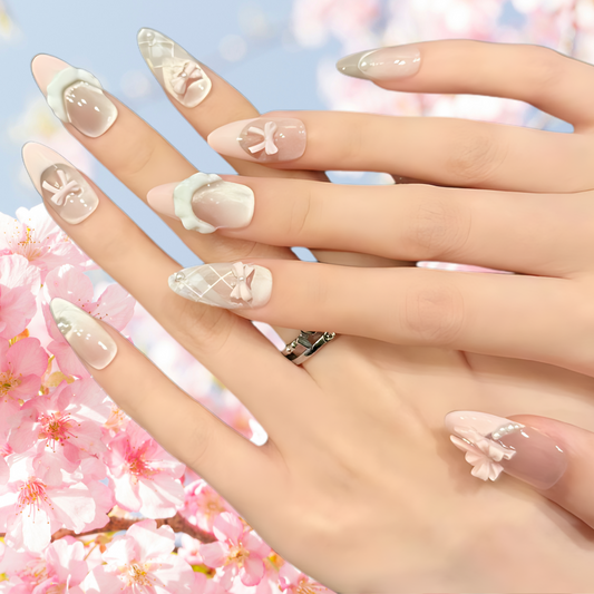 10Pcs Pink bow and ballet skirt French Cat's Eye ｜ Full Cover Fake Nails ｜ Daily Wear