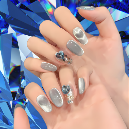 10Pcs Glacier Love Cat's Eye ｜ Full Cover Fake Nails ｜ Daily Wear