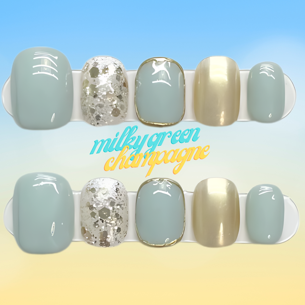 10Pcs Fresh milky green mirror champagne glitter ｜ Full Cover Fake Nails ｜ Daily Wear