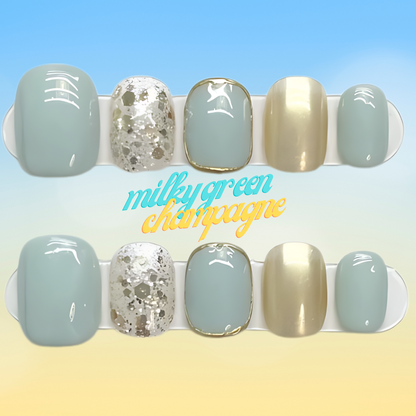 10Pcs Fresh milky green mirror champagne glitter ｜ Full Cover Fake Nails ｜ Daily Wear
