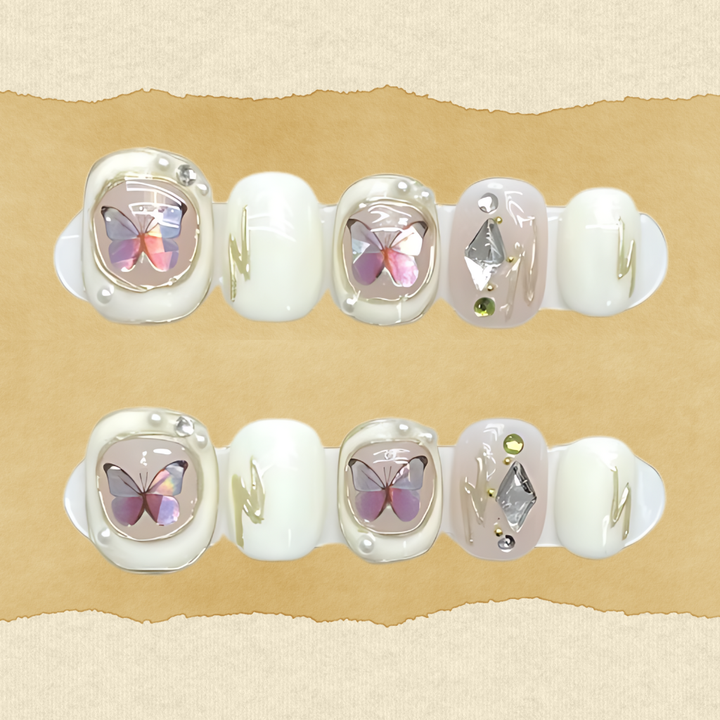 10Pcs Pearl Baroque Butterfly ｜ Full Cover Fake Nails ｜ Daily Wear