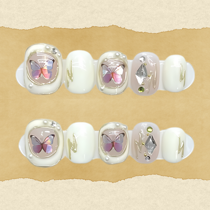 10Pcs Pearl Baroque Butterfly ｜ Full Cover Fake Nails ｜ Daily Wear