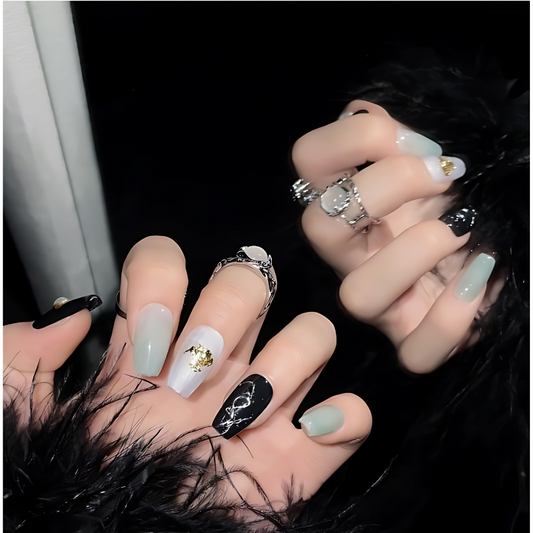 10Pcs Emerald Green Smudge Shell Ballet ｜ Full Cover Fake Nails ｜ Daily Wear