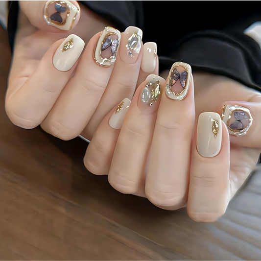 10Pcs Pearl Baroque Butterfly ｜ Full Cover Fake Nails ｜ Daily Wear