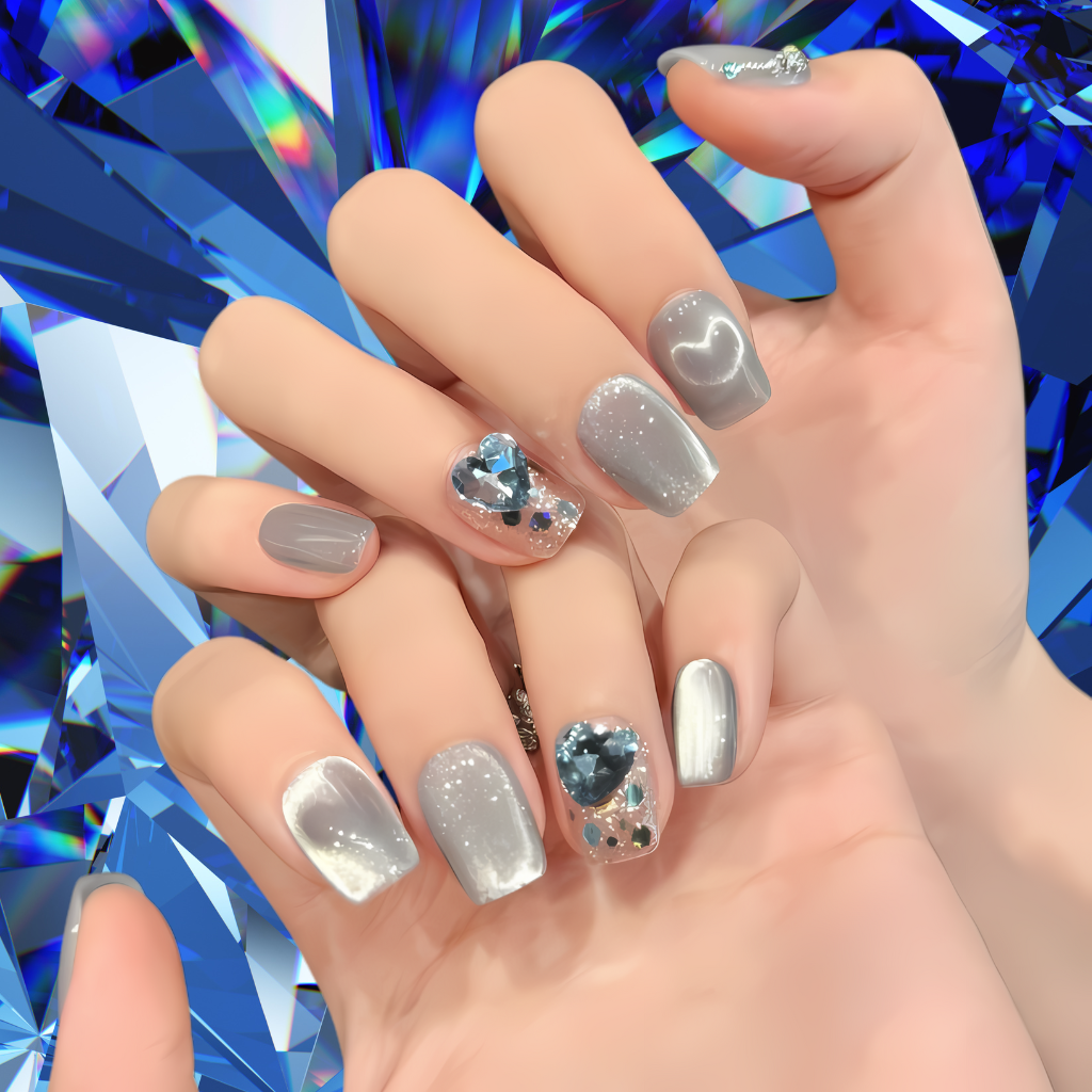 10Pcs Glacier Love Cat's Eye ｜ Full Cover Fake Nails ｜ Daily Wear