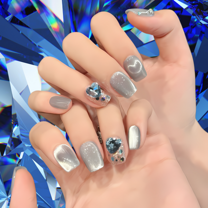 10Pcs Glacier Love Cat's Eye ｜ Full Cover Fake Nails ｜ Daily Wear