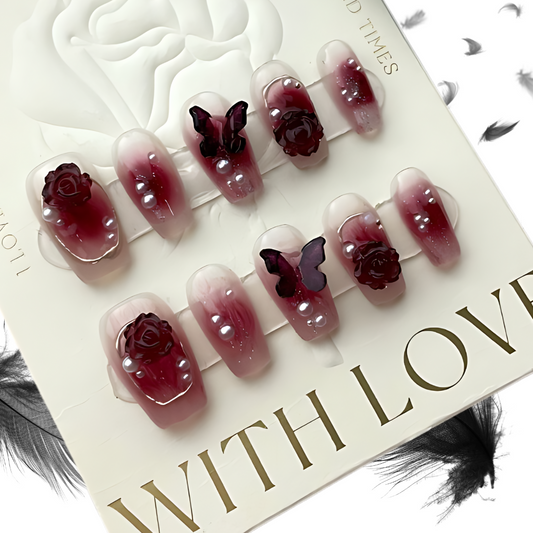 10Pcs Wine Red Camellia Butterfly ｜ Full Cover Fake Nails ｜ Daily Wear