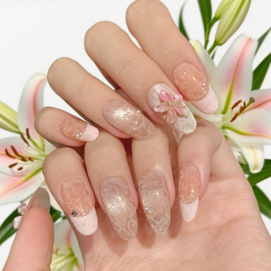 10Pcs Ice Sculpture Lily French Peach Pink ｜ Full Cover Fake Nails ｜ Daily Wear