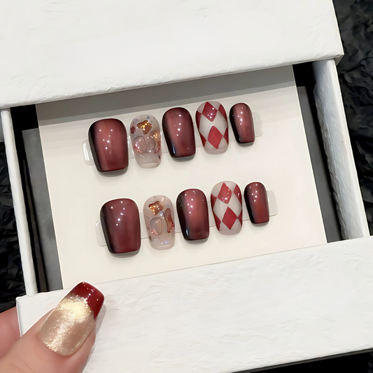 10Pcs Cherry wine Diamond Rhombus Cat's eye｜ Full Cover Fake Nails ｜ Daily Wear