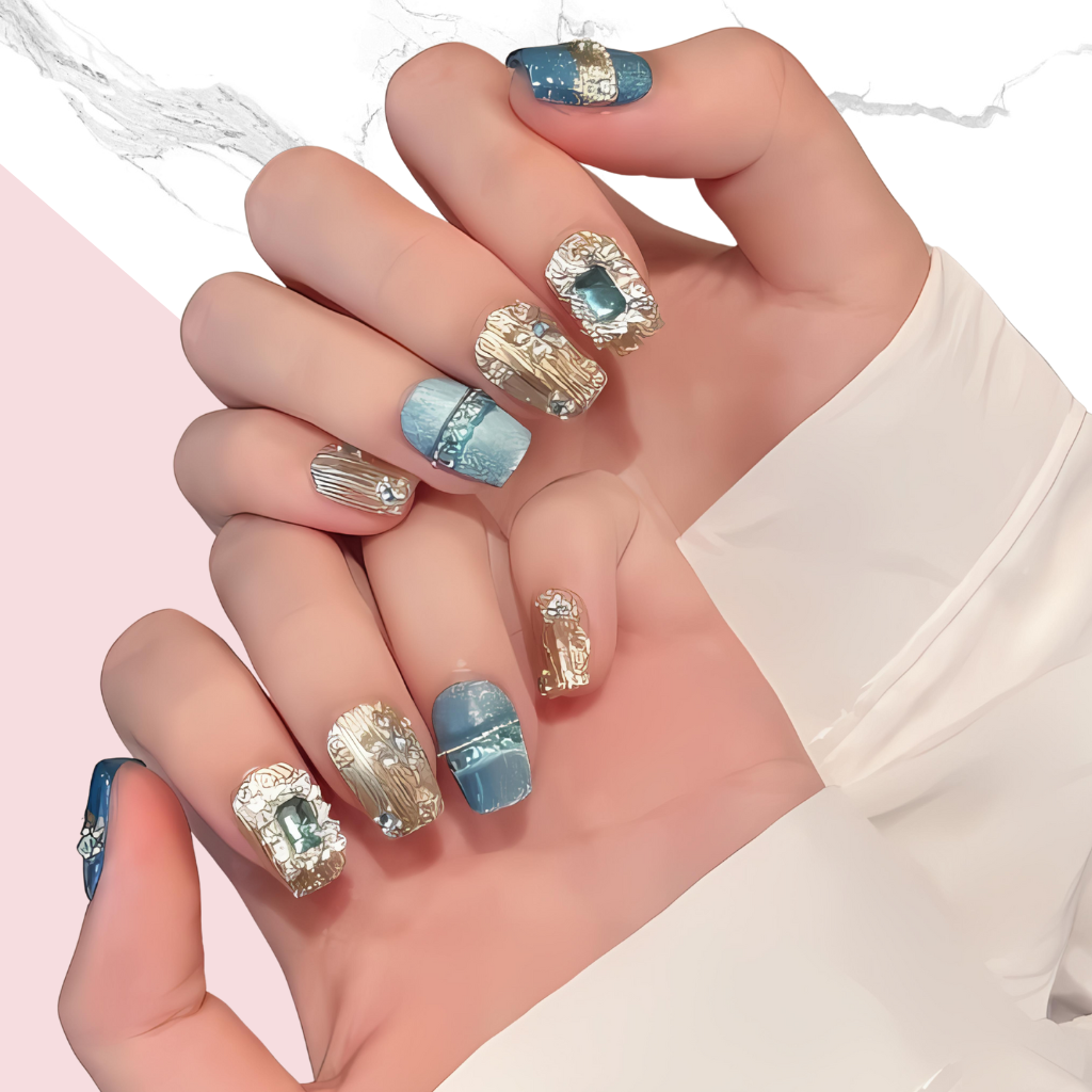 10Pcs Blue Island Cat's Eye｜ Full Cover Fake Nails ｜ Daily Wear
