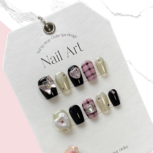 10Pcs Black Plaid Hottie｜ Full Cover Fake Nails ｜ Daily Wear