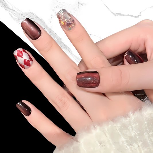 10Pcs Cherry wine Diamond Rhombus Cat's eye｜ Full Cover Fake Nails ｜ Daily Wear