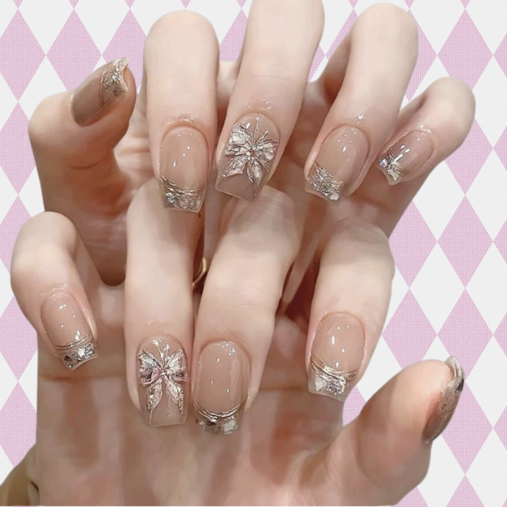 10Pcs Golden Nude Butterfly ｜ Full Cover Fake Nails ｜ Daily Wear