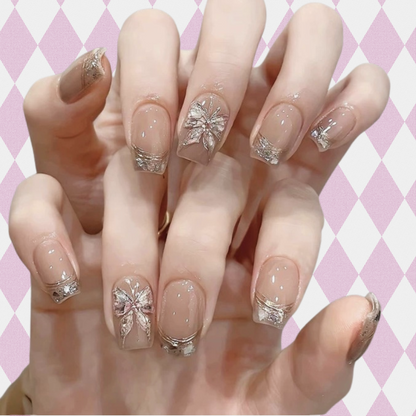 10Pcs Golden Nude Butterfly ｜ Full Cover Fake Nails ｜ Daily Wear