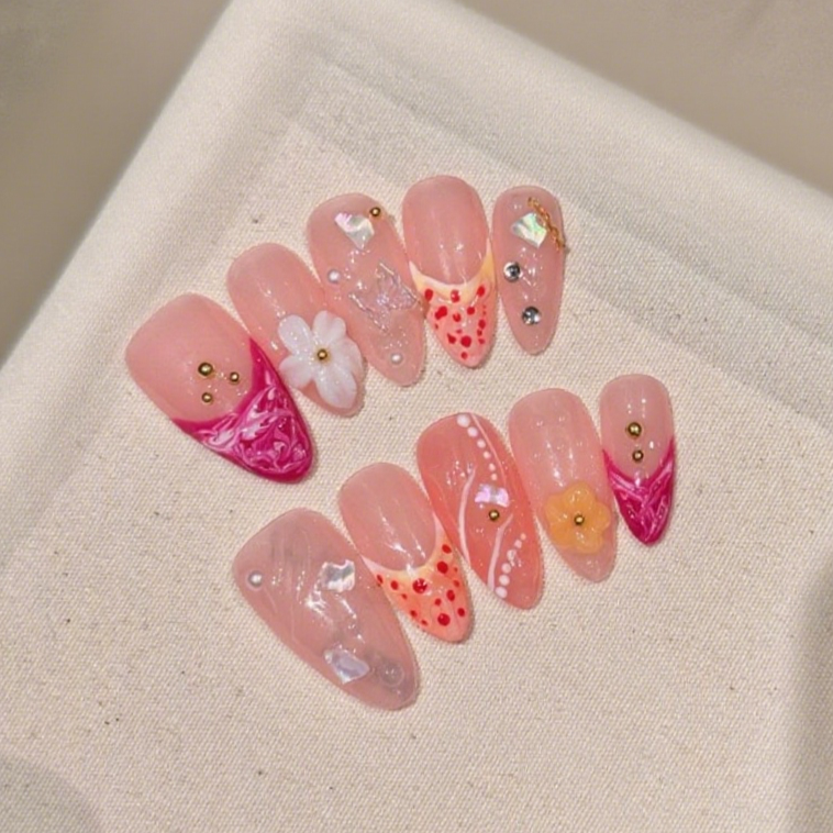 10Pcs Hand painted almond nails ｜ Full Cover Fake Nails ｜ Daily Wear