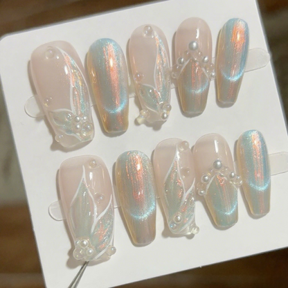 10Pcs Iridescent Gradient Pearl Nail Art ｜ Full Cover Fake Nails ｜ Daily Wear