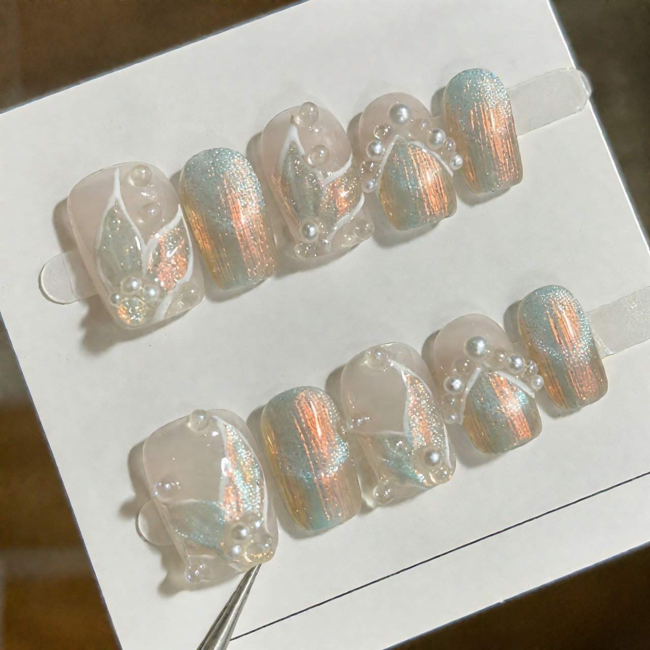 10Pcs Iridescent Gradient Pearl Nail Art ｜ Full Cover Fake Nails ｜ Daily Wear