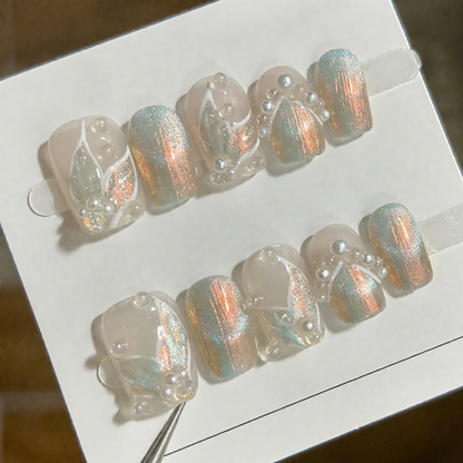 10Pcs Iridescent Gradient Pearl Nail Art ｜ Full Cover Fake Nails ｜ Daily Wear