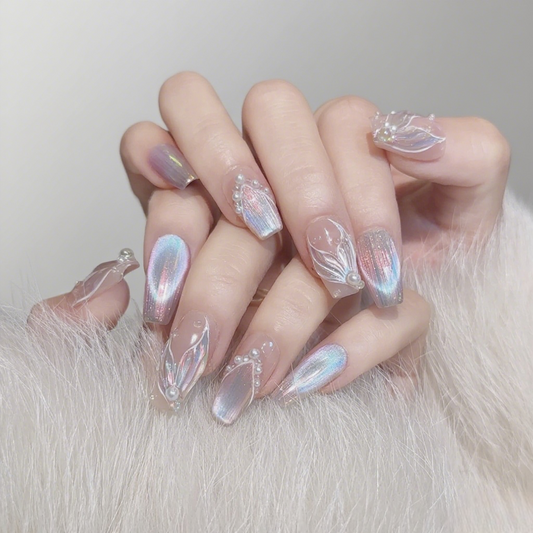 10Pcs Iridescent Gradient Pearl Nail Art ｜ Full Cover Fake Nails ｜ Daily Wear