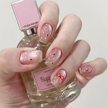 10Pcs The sweet polka - dot bow nail art style｜ Full Cover Fake Nails ｜ Daily Wear