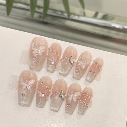 10Pcs Pink Diamond Butterfly Dream Press - on Nails ｜ Full Cover Fake Nails ｜ Daily Wear