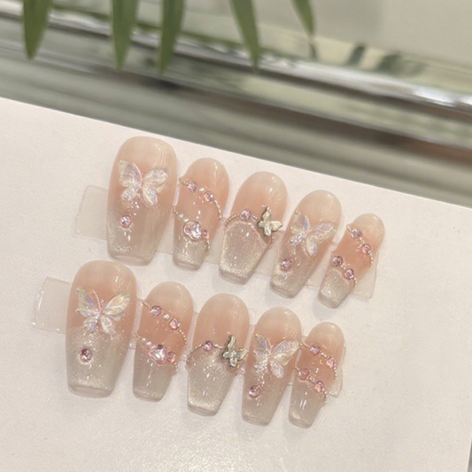 10Pcs Pink Diamond Butterfly Dream Press - on Nails ｜ Full Cover Fake Nails ｜ Daily Wear
