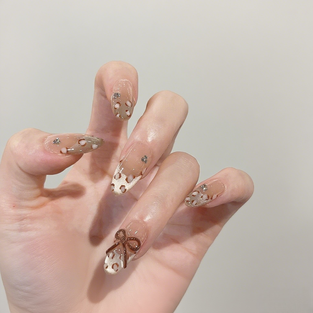 10Pcs Leopard print Nude Pink Delicate Bow Nail Tips ｜ Full Cover Fake Nails ｜ Daily Wear