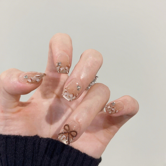 10Pcs Leopard print Nude Pink Delicate Bow Nail Tips ｜ Full Cover Fake Nails ｜ Daily Wear
