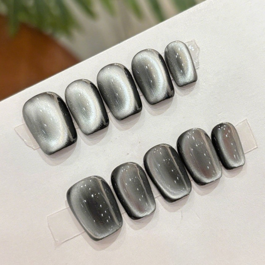 10Pcs Cool Black Gradient Cat Eye Press ｜ Full Cover Fake Nails ｜ Daily Wear