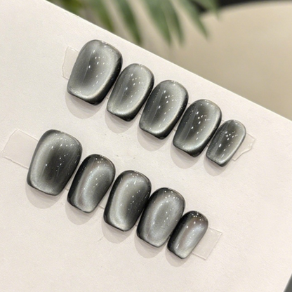 10Pcs Cool Black Gradient Cat Eye Press ｜ Full Cover Fake Nails ｜ Daily Wear