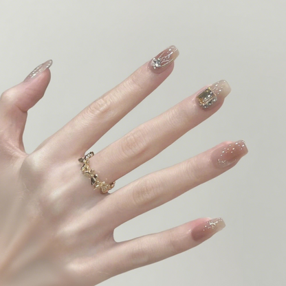 10Pcs Milky Apricot Gold - Decor Gradient Press ｜ Full Cover Fake Nails ｜ Daily Wear