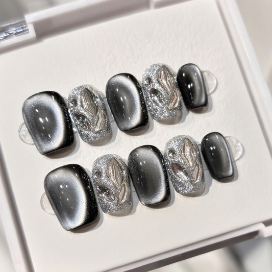 10Pcs Cool Black Silver Diamond Relief｜Full Cover Fake Nails｜Daily Wear