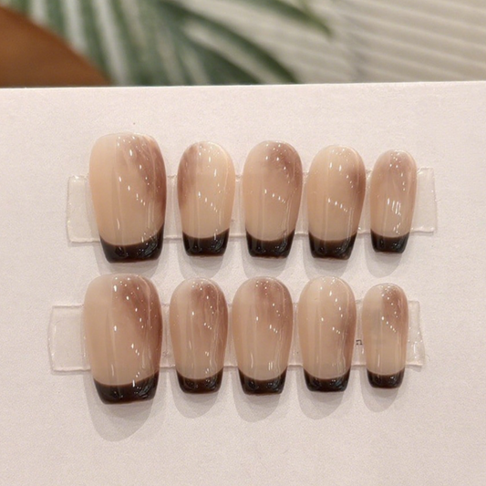 10Pcs Elegant Nude - Brown French ｜Full Cover Fake Nails｜Daily Wea
