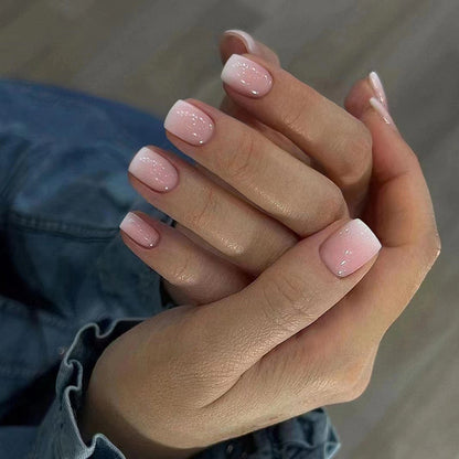 24Pcs Soft Pink White - Edge Simple Press｜DIY Nails｜Full Cover Fake Nails｜Daily Wear