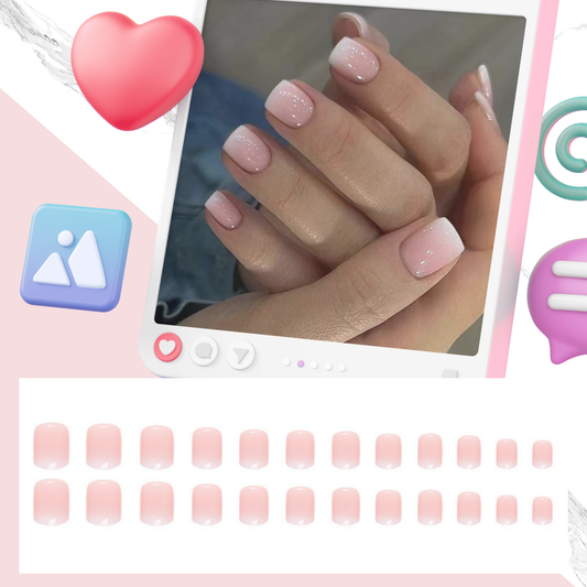 24Pcs Soft Pink White - Edge Simple Press｜DIY Nails｜Full Cover Fake Nails｜Daily Wear