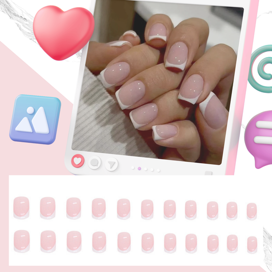 24Pcs Pink - White French Basic Nails｜DIY Nails｜Full Cover Fake Nails｜Daily Wear
