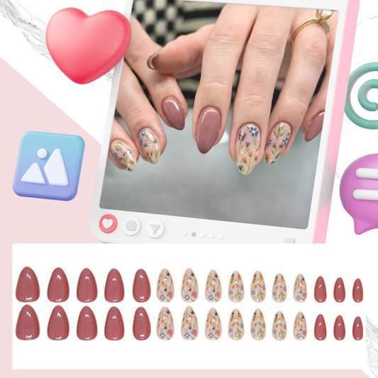 24Pcs Sweet Berry Floral Color - Block Press Nails｜DIY Nails｜Full Cover Fake Nails｜Daily Wear