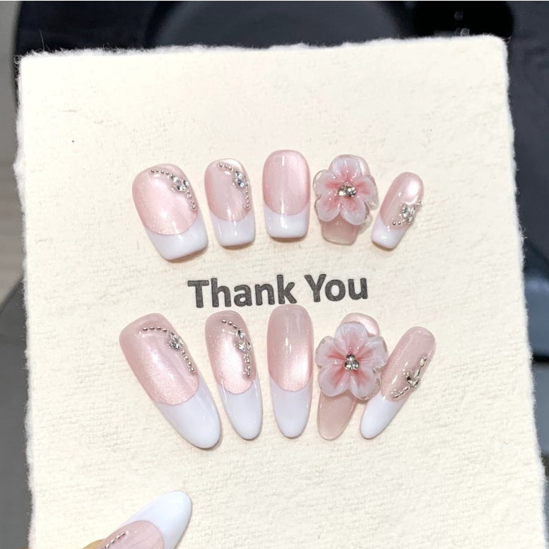 10Pcs 3D Carved French Cat's Eye ｜ Full Cover Fake Nails ｜ Daily Wear