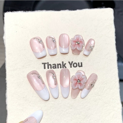 10Pcs 3D Carved French Cat's Eye ｜ Full Cover Fake Nails ｜ Daily Wear