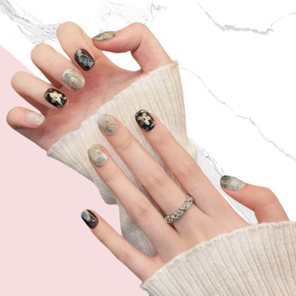10Pcs Green and golden flower smudge Nails｜ Full Cover Fake Nails ｜ Daily Wear