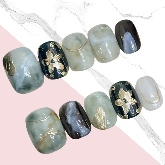 10Pcs Green and golden flower smudge Nails｜ Full Cover Fake Nails ｜ Daily Wear